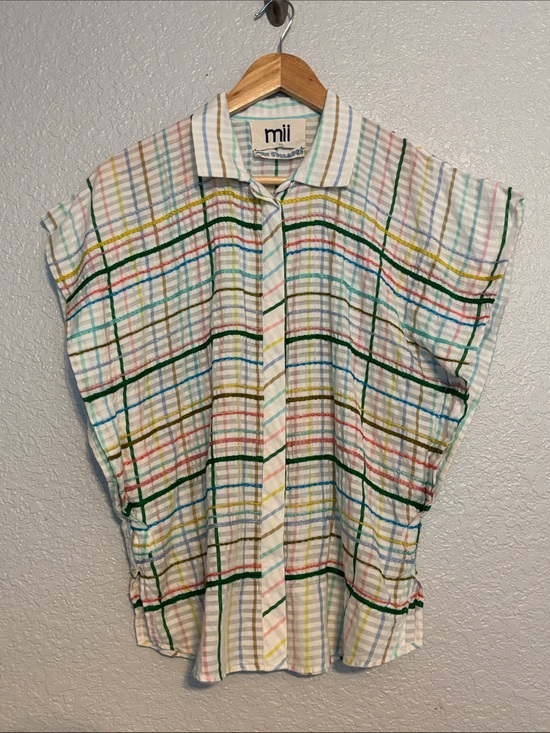 Mi Tops - Mii White Multicolor Plaid Short Sleeve Button-Down Top